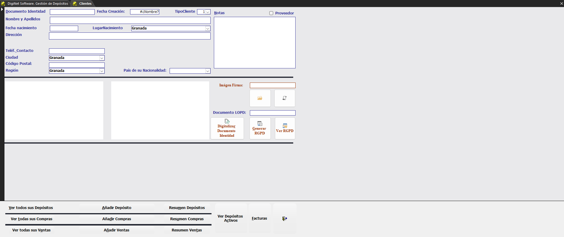 Ficha de cliente de ORONET con RGPD y digitalización del DNI